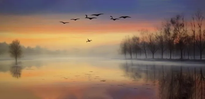 夕阳湖面倒影风光背景(1584x768)