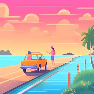 开车旅行海边公路天空云朵插画背景