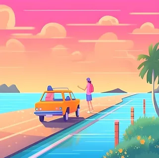 开车旅行海边公路天空云朵插画背景 开车旅行海边公路天空云朵插画背景