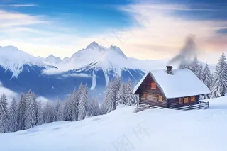 雪山上小木屋风景摄影图 