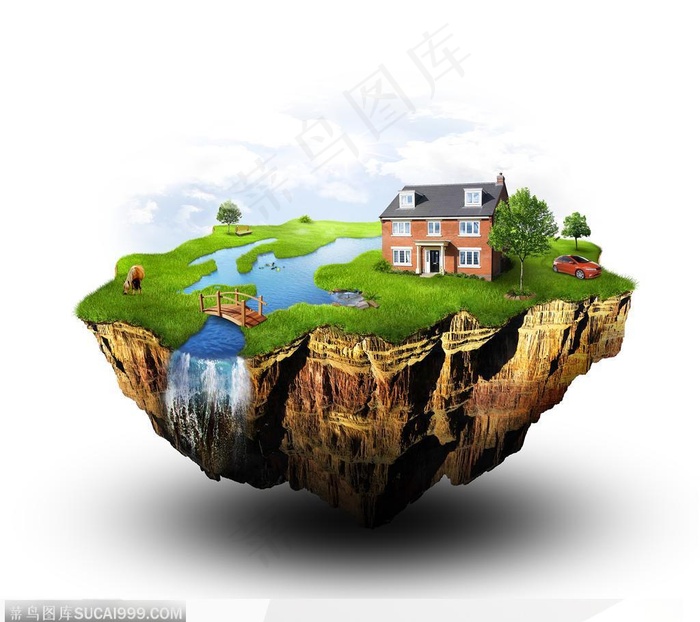 绿色家园-环保低碳悬浮的土地上草地河流房屋小桥等