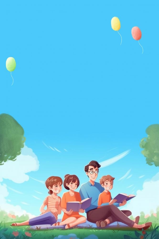 亲子阅读草坪天空海报背景