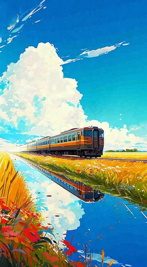 城市交通乡村铁路高铁，户外蓝天白云河边