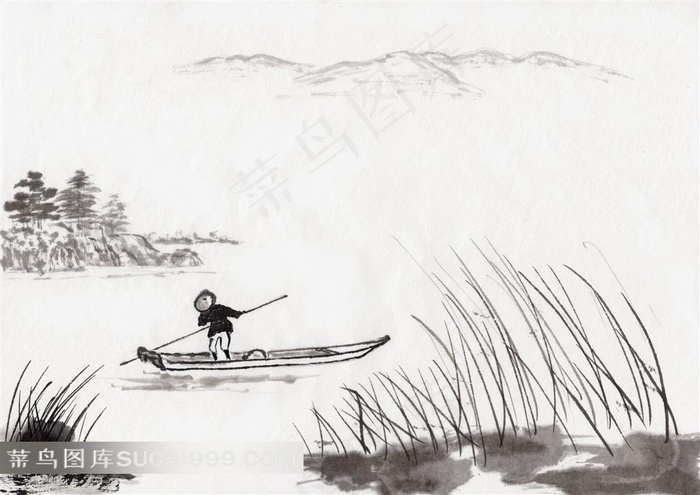 河流中撑船的人水墨画
