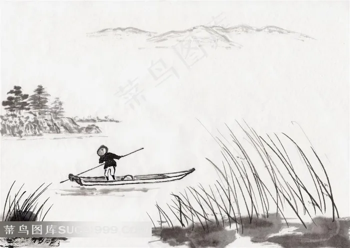 河流中撑船的人水墨画