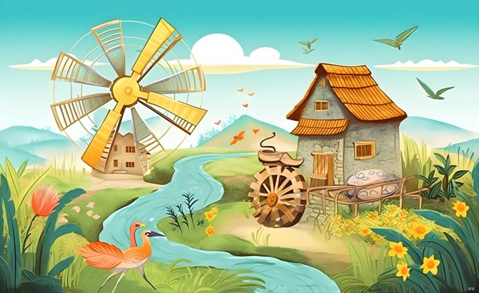 春天田园绿色自然风车水河流畜牧插画素材背景(5632x3456)