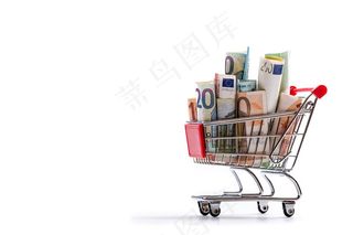 超市购物车与钞票图片
