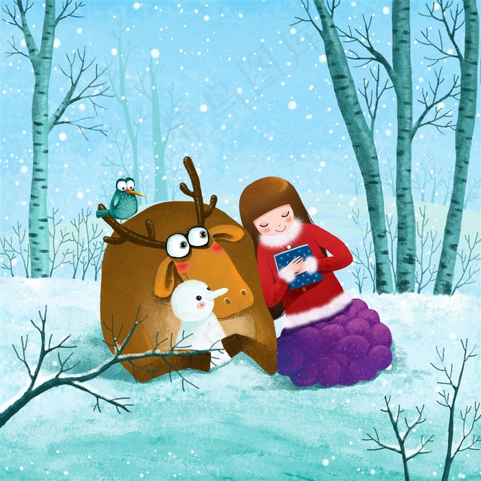 圣诞节女孩与麋鹿雪人唯美插画
