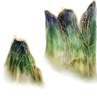 中国风国潮山水插画祥云中式手绘烫金线条元素png装饰背景PSD素材