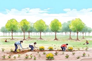 树林人物种植田园手绘插画海报素材背景