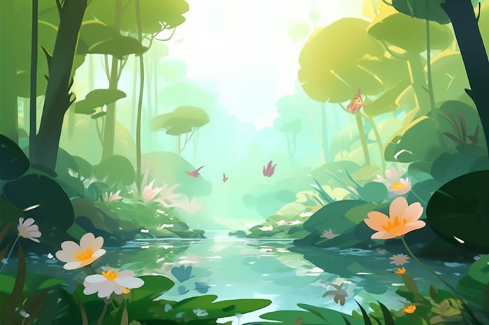 绿色荷花池温馨插画背景(1344x896)