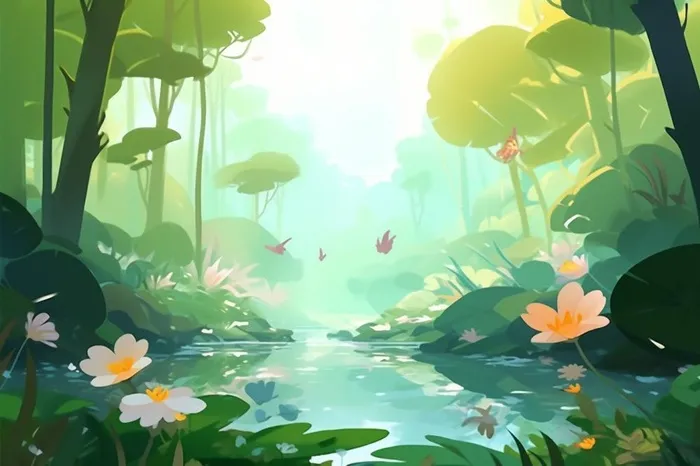 绿色荷花池温馨插画背景(1344x896)