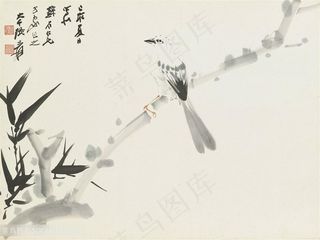 张大千手绘水墨树枝鸟装饰画