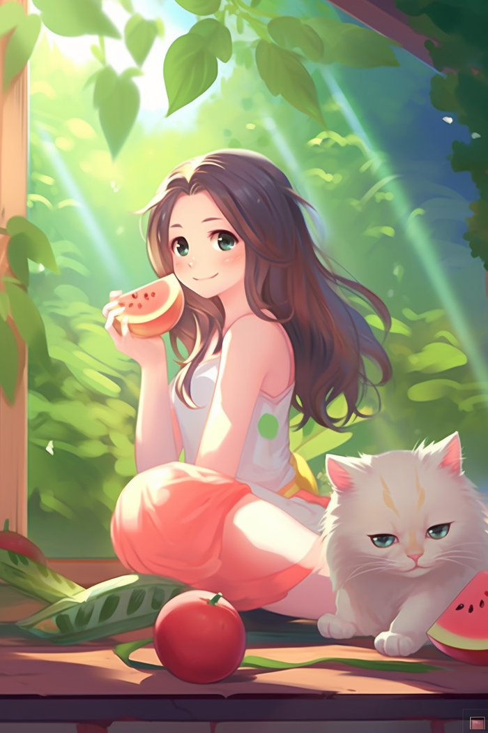 美丽少女坐着窗边和猫咪玩耍水果卡通插画素材背景