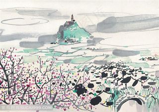 吴冠中手绘水墨树枝拱桥美景装饰画