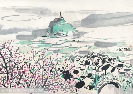 吴冠中手绘水墨树枝拱桥美景装饰画 吴冠中手绘水墨树枝拱桥美景装饰画