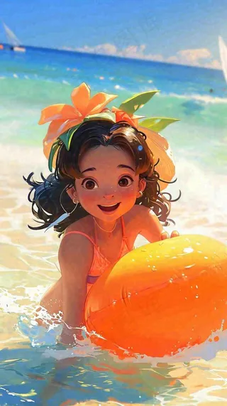 夏日阳光沙滩度假比基尼泳衣游玩旅行游泳插画，大暑小暑暑期