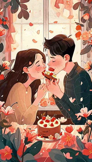 情人节情侣浪漫圣诞节日温馨生日会，插画手绘，居家餐厅美食