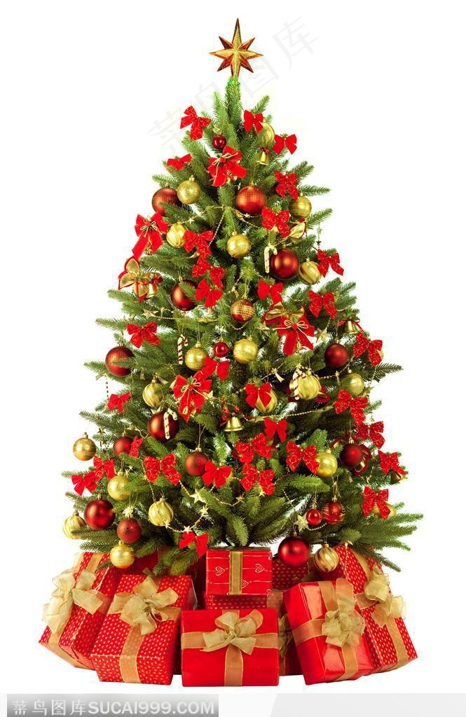 绑着红色蝴蝶结的圣诞树和圣诞树下的礼品盒