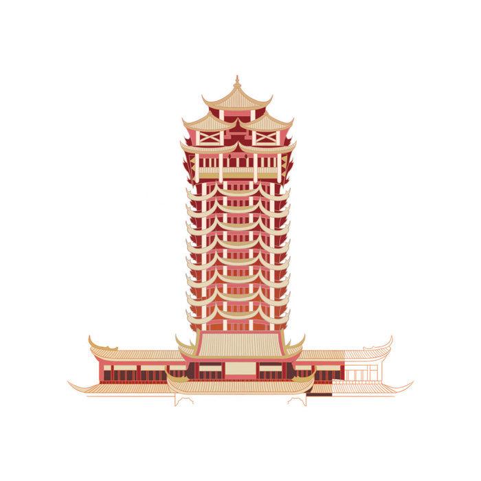 复古中国风国潮古建筑插画手绘高楼古塔PSD素材亭子png免抠图psd模版下载