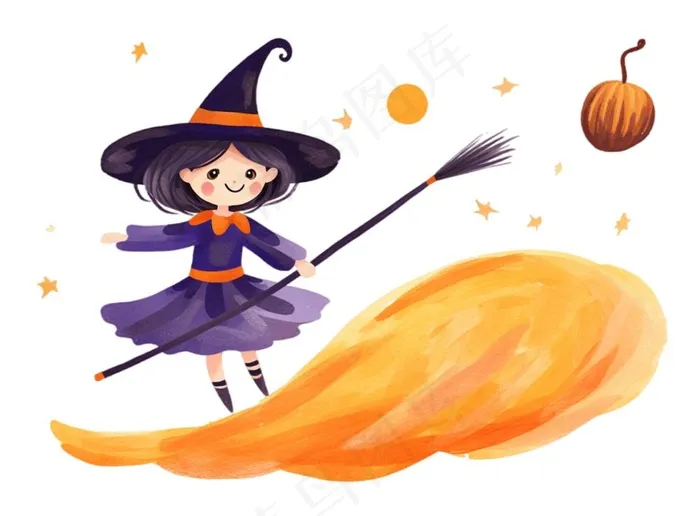 万圣节女巫蝙蝠南瓜卡通插画免抠(1280x944)