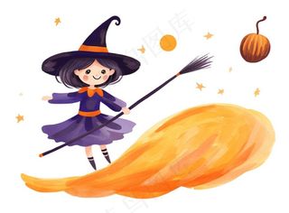 万圣节女巫蝙蝠南瓜卡通插画免抠