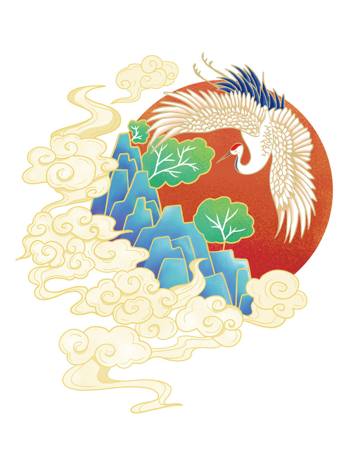 中国风国潮仙鹤山水插画手绘元素场景PSD设计素材