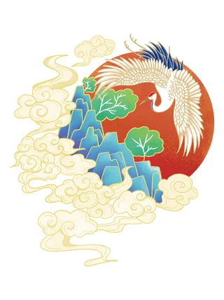 中国风国潮仙鹤山水插画手绘元素场景PSD设计素材