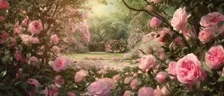 阳光明媚的花园草地上的粉红玫瑰，采用 ferrania p30 风格，童话风格，充满活力的舞台背景，郁郁葱葱的细节，梦幻般的象征主义背景