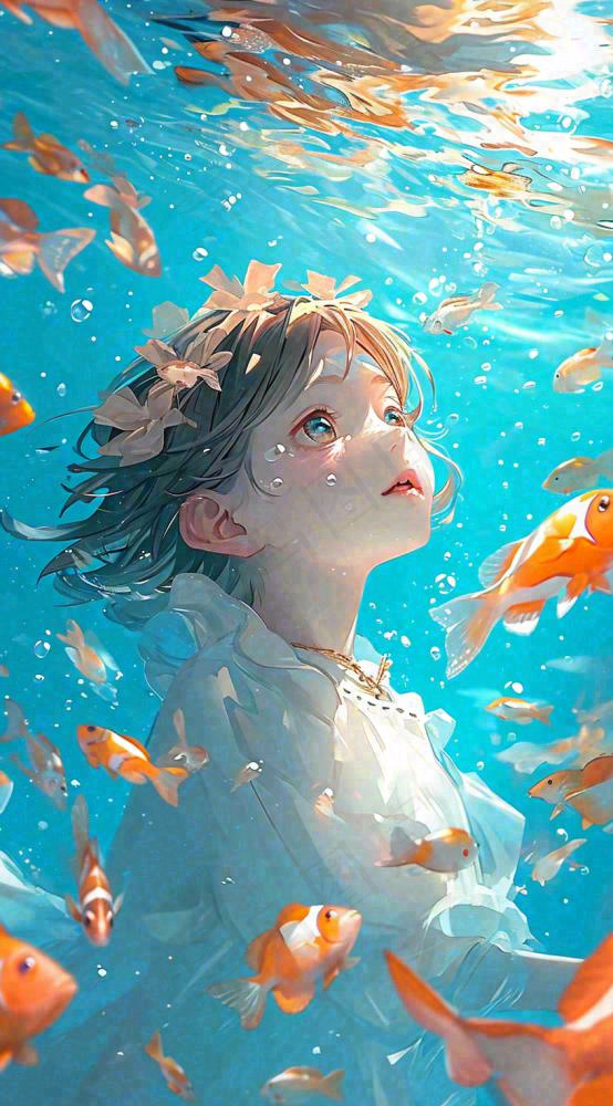 夏天泳池游泳少年儿童手绘插画，夏至小暑(816x1472)