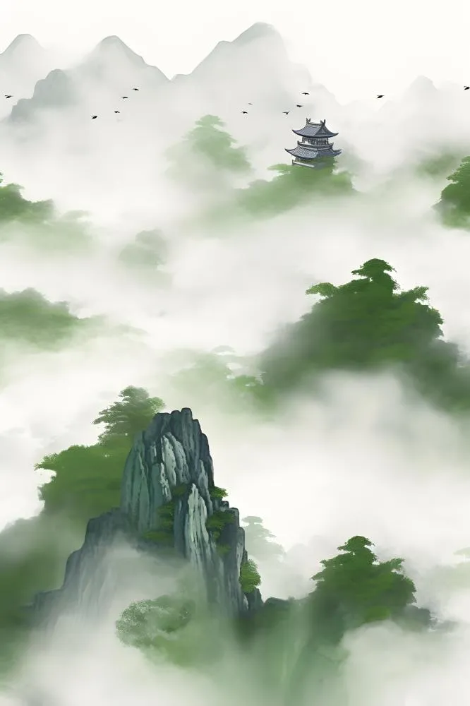 绿色山脉国风建筑云层背景(2400x3600)