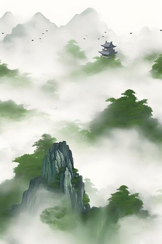 绿色山脉国风建筑云层背景