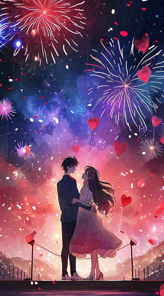 浪漫情人节爱心爱情夜晚烟花，跳舞插画(816x1472)