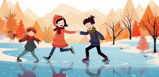 冬季在冰湖上滑冰的孩子儿童卡通插画背景