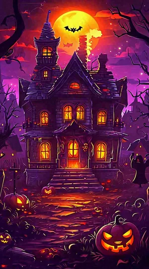 万圣节恐怖城堡南瓜夜晚暗紫色卡通节日