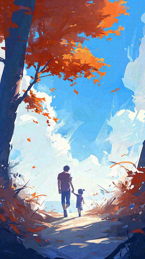 秋天红色秋叶树落叶温馨自然风景，立秋手绘插画(816x1456)