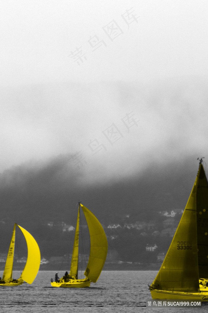 唯美湖畔黄色帆船风景画