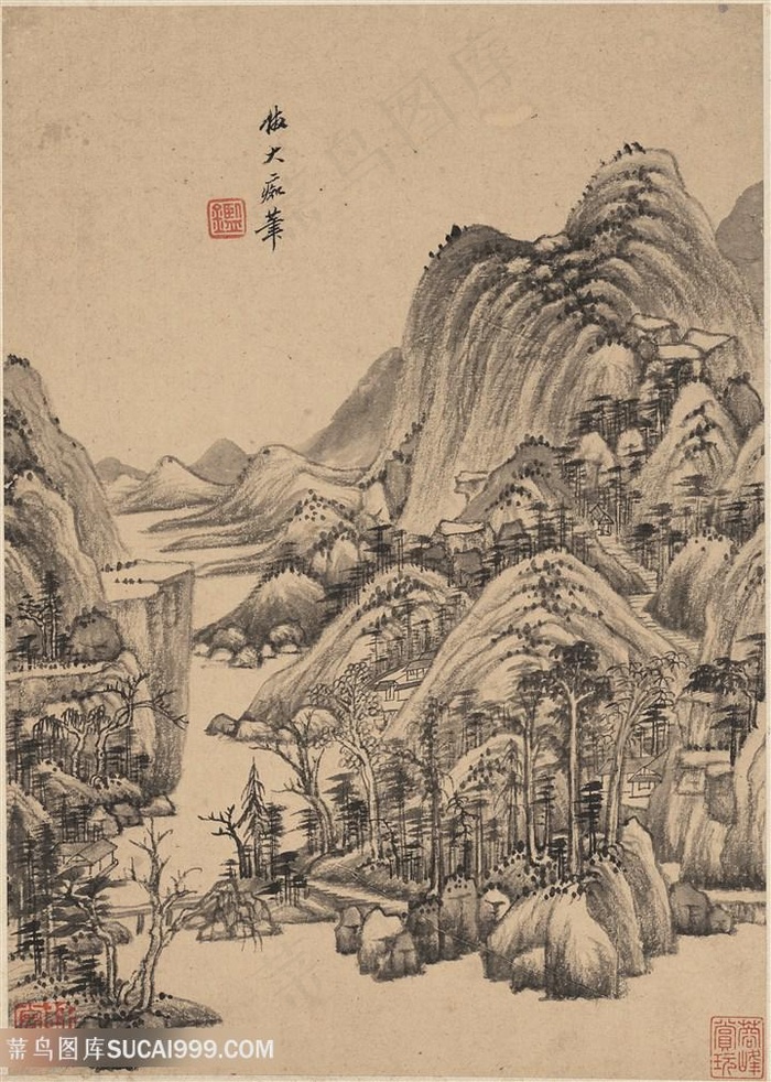 明代画家王鉴仿大痴仿古山水图国画图片