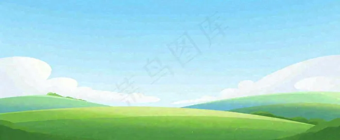 卡通手绘绿色草坡蓝天白云，春天，儿童节，春游，春分(1712x704)