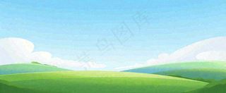 卡通手绘绿色草坡蓝天白云，春天，儿童节，春游，春分