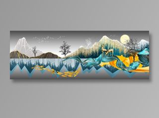 轻奢简约山水花鸟金鹿金鱼树木月夜图客厅卧室玄关画酒店装饰画高清背景图