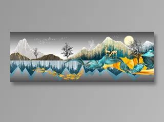 轻奢简约山水花鸟金鹿金鱼树木月夜图客厅卧室玄关画酒店装饰画高清背景图