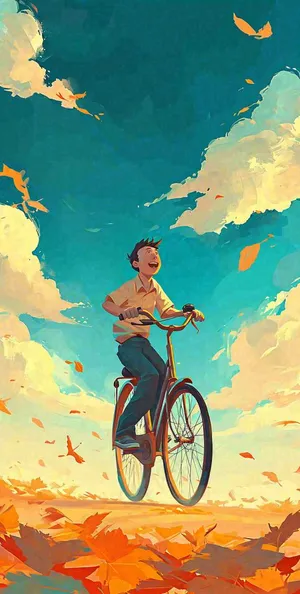 蓝天白云下户外骑自行车运动健身阳光手绘插画