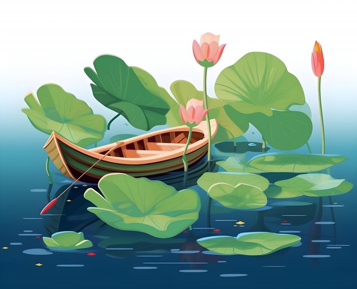 睡莲荷花帆船湖水背景