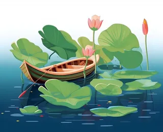 睡莲荷花帆船湖水背景