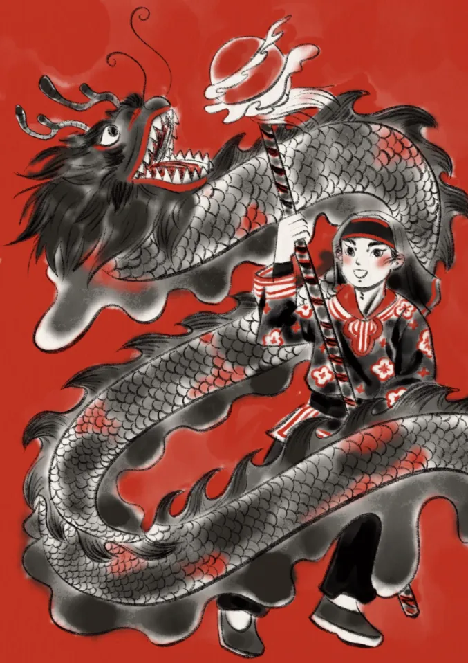 红色国画风格龙抬头插画