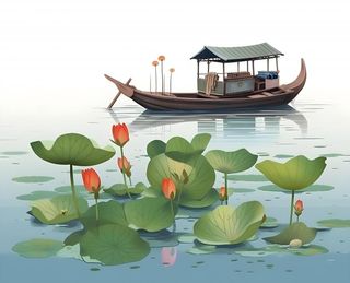 睡莲荷花帆船湖水背景