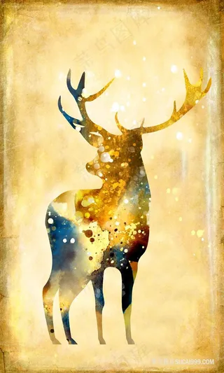 唯美水彩黄金鹿插画