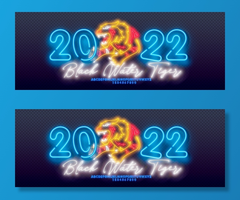 夜晚霓虹灯发光字特效老虎2022新年虎年春节元素矢量平面设计素材eps,ai矢量模版下载