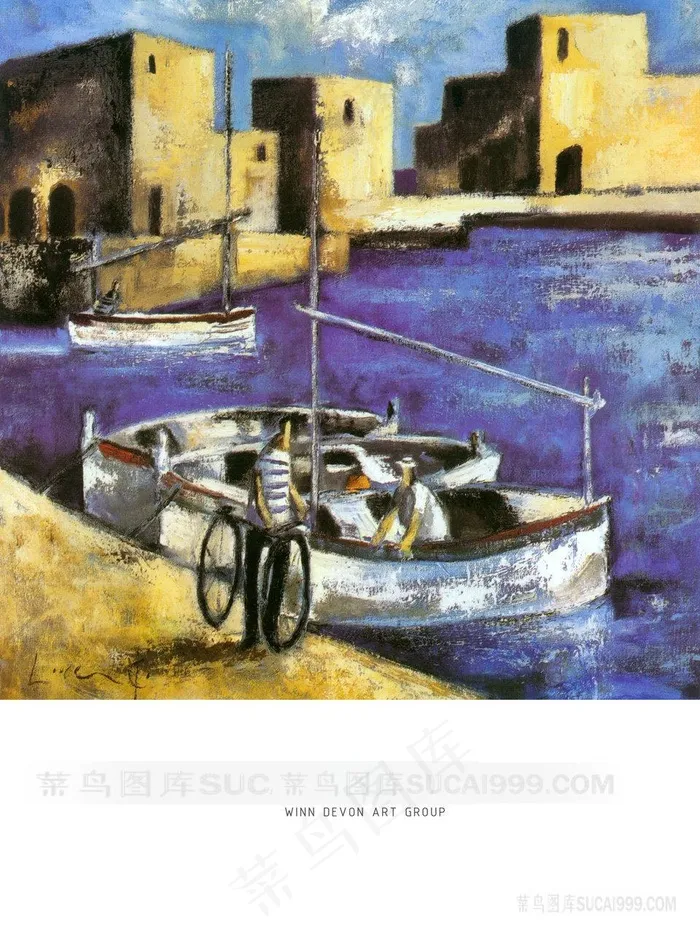 唯美港口油画风景画